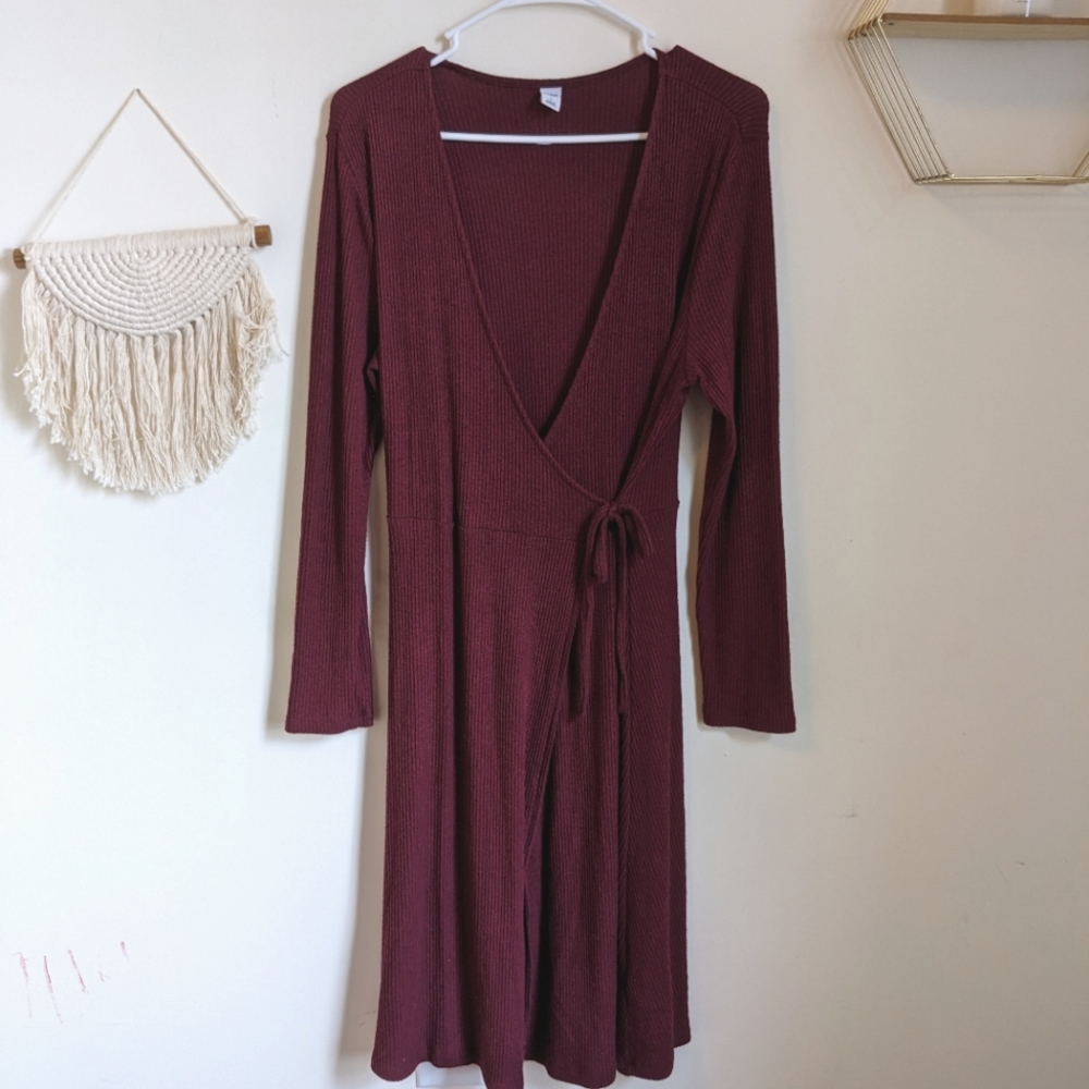 Old Navy burgundy ribbed wrap sweater dress